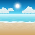 Beautiful sunny tropical beach. Paradise tropical background seascape. Calm, peaceful view of the sea, sky, clouds, sand. Royalty Free Stock Photo