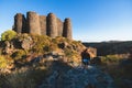 Beautiful sunny view of Amberd fortress, Mount Aragats with horse pasturing, Aragatsotn, Armenia in a summer day