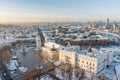 Beautiful sunny Vilnius city scene in winter. Christmas tree on the Cathedral square. Aerial early evening view. Winter scenery in Royalty Free Stock Photo