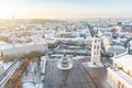 Beautiful sunny Vilnius city scene in winter. Christmas tree on the Cathedral square. Aerial early evening view. Winter scenery in Royalty Free Stock Photo