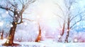 Winter scene. Snow covered trees and frozen river Royalty Free Stock Photo