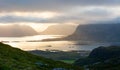 Beautiful sunrise above lofoten fjord in norway