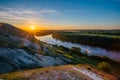 Beautiful sunrise above river Don and chalky hills, Voronezh region