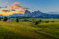 Beautiful sunrise at Alpe di siusi with langkofel mountain in Dolomites, Italy