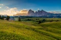 Beautiful sunrise at Alpe di siusi Seiser Alm with langkofel mountain in Dolomites