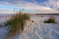 Sunrise on the Baltic Sea coast, sand dunes, beach, Kolobrzeg, Poland. Royalty Free Stock Photo