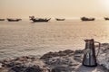 Beautiful Sunrise Boat in seaside . Dammam -Saudi Arabia Royalty Free Stock Photo