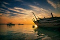 Beautiful Sunrise Boat in seaside with yellow and dark sky. Dammam -Saudi Arabia