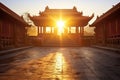 a beautiful sunrise casting light on a buddhist temple