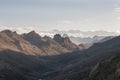 Beautiful sunrise in Caucasus mountains in winter. Mountain ridges highlighted the low winter sun. Royalty Free Stock Photo