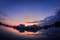 Beautiful sunrise cityscape scene on a lake with mirror reflection shot with fisheye lens