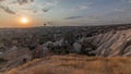 Beautiful sunrise with colorful hot air balloons take off and flying in clear morning sky aerial timelapse in Cappadocia Royalty Free Stock Photo