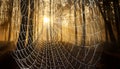 sunrise and dewy spider web in an old foggy forest