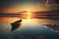 Beautiful sunrise on the lake with a boat and reflection in water Royalty Free Stock Photo