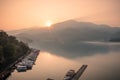 Beautiful sunrise at lake view in the morning at Shuishe Pier in Sun Moon Lake.