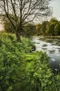 Beautiful sunrise landscape image of river flowing and lush green riverbank