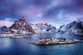 Beautiful sunrise landscape of picturesque fishing village in Lofoten islands, Norway