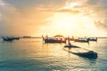 Beautiful sunrise and long tailed boat, fishing boat, motor boat