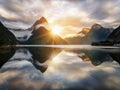 Beautiful sunrise in Milford Sound, New Zealand