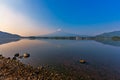 Beautiful sunrise at mount Fuji with reflection on lake kawaguchiko in Yamanashi, Japan.