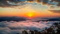 Beautiful sunrise at mountains is covered by morning fog in Seoul,Korea