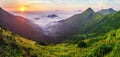 Beautiful sunrise in mountains with white fog below panorama Royalty Free Stock Photo