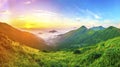 Beautiful sunrise in mountains with white fog below panorama Royalty Free Stock Photo