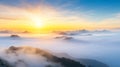 Beautiful sunrise in mountains with white fog below panorama Royalty Free Stock Photo