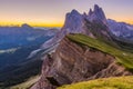 Beautiful sunrise and Odle Mountain landscape in Dolomites, Italy from Seceda.