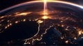 Beautiful Sunrise over the Earth. View from Space Satellite. Cities at Night. Changing from Night to Day 3d Animation