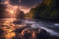 Beautiful sunrise over fast flowing mountain river Royalty Free Stock Photo