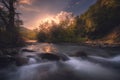 Sunrise over fast mountain river Royalty Free Stock Photo