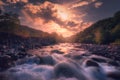 Sunrise over fast mountain river Royalty Free Stock Photo