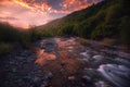 Sunrise over fast mountain river Royalty Free Stock Photo