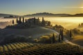 beautiful sunrise over a foggy Tuscan landscape with a villa, cypress trees, and distant rolling hills, ai generative Royalty Free Stock Photo