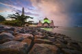 Beautiful sunrise over the majestic mosque, Malacca Straits Floating Mosque (Masjid Selat Melaka). Royalty Free Stock Photo