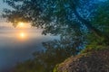 Beautiful sunrise over misty lake. Royalty Free Stock Photo