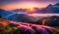 beautiful sunrise over the mountains, a breathtaking sunrise in pastel colors illuminating the majestic Royalty Free Stock Photo