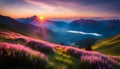 beautiful sunrise over the mountains, a breathtaking sunrise in pastel colors illuminating the majestic Royalty Free Stock Photo