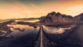 Beautiful sunrise over Vestrahorn mountain viking village and road among black sand beach in Stokksnes on summer at Iceland Royalty Free Stock Photo