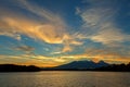 Beautiful sunrise over volcanoes Kluchevskaya group with reflection in the river Kamchatka.