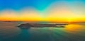 Beautiful sunrise panorama over Lobos island with Lanzarote in the background, near Corralejo Fuerteventura Royalty Free Stock Photo