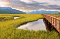 Beautiful sunrise at Potter Marsh Wildlife Viewing Boardwalk, Anchorage, Alaska. Potter Marsh is located at the southern end of th