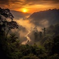 Beautiful sunrise with river in Borneo jungle Generative AI