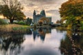 Beautiful sunrise scenery of Galway cathedral reflected in the Corrib River at Galway City