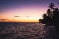 Beautiful sunrise at sea. Last minutes before dawn on the Atlantic ocean. The sun beyond horizon. Palm trees against the Royalty Free Stock Photo