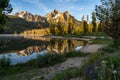 Beautiful sunrise at Stanley Lake in the Sawtooth Mountains of Idaho. Reflection in water with wildflowers