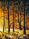 Panorama orange autumn sunny warm park alley forest original oil painting Royalty Free Stock Photo