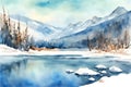 Watercolor illustration of a beautiful sunset, a lake and snow-capped mountains. Royalty Free Stock Photo