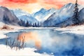 Watercolor illustration of a beautiful sunset, a lake and snow-capped mountains. Royalty Free Stock Photo